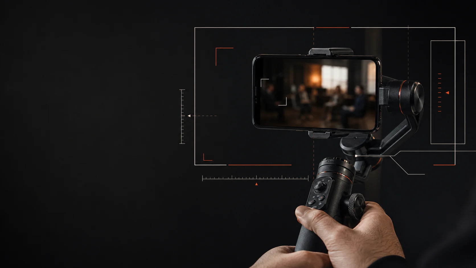 Captation vidéo mobile stabilisée sur gimbal, avec repères de cadrage